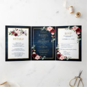 Trouw Tr Navyblauw Blush Bourgondiërood Goud Geome Drieluik Aankondiging (Binnen)