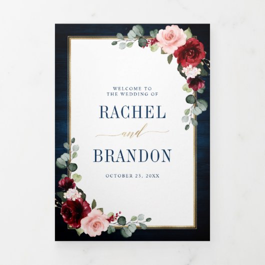 Trouw Tr Navyblauw Blush Bourgondiërood Goud Geome Drieluik Aankondiging (Cover)