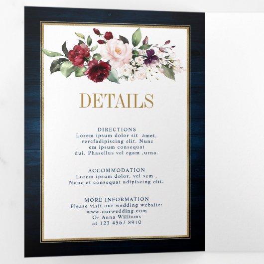 Trouw Tr Navyblauw Blush Bourgondiërood Goud Geome Drieluik Aankondiging (Binnenzijde eerst)