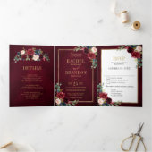 Trouw Tr Navyblauw Blush Bourgondiërood Goud Geome Drieluik Aankondiging (Binnen)