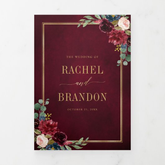 Trouw Tr Navyblauw Blush Bourgondiërood Goud Geome Drieluik Aankondiging (Cover)