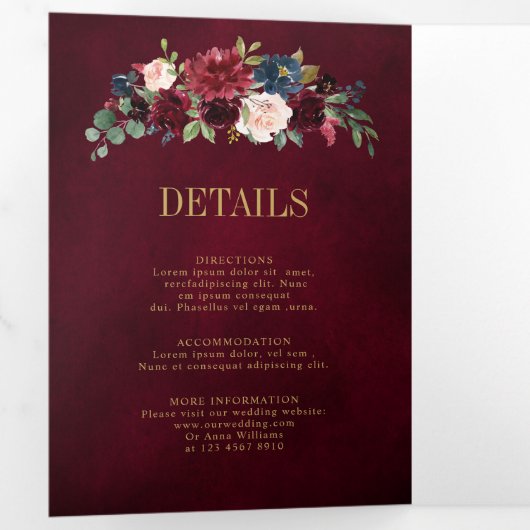 Trouw Tr Navyblauw Blush Bourgondiërood Goud Geome Drieluik Aankondiging (Binnenzijde eerst)