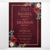 Trouw Tr Navyblauw Blush Bourgondiërood Goud Geome Drieluik Aankondiging (Binnenkant midden)