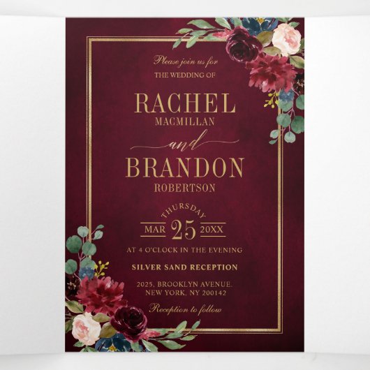 Trouw Tr Navyblauw Blush Bourgondiërood Goud Geome Drieluik Aankondiging (Binnenkant midden)