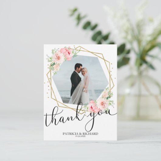 Trouw Trouw Dank U Roze Bloem Goud Folie Geometris Briefkaart (Staand voorkant)