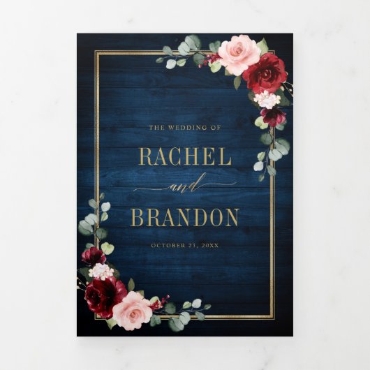 Trouw Trouw Navyblauw Blush Burgundy Goud Geometri Drieluik Aankondiging (Cover)