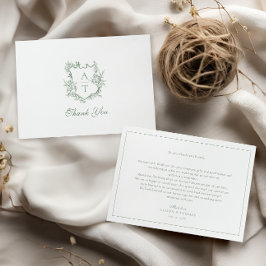 Trouw Trouwkaart met Sage Groene Crest Monogram Bedankkaart
