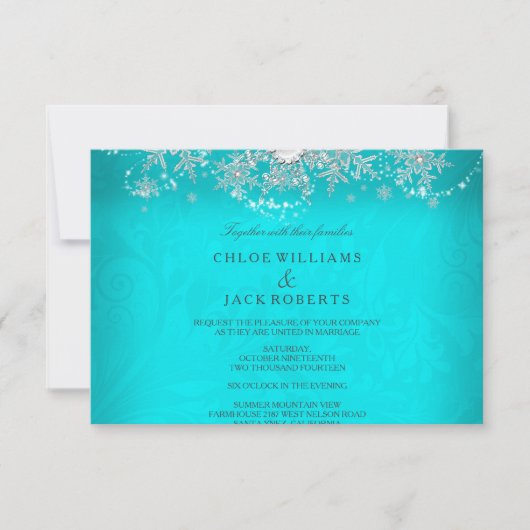 Trouw Turquoise Kristal Parel Sneeuwvlok Zilver Wi RSVP Kaartje (Voorkant)