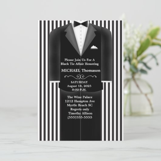 Trouw Tux Black Tie Aangelegenheid Feest Uitnodigi Kaart (Staand voorkant)
