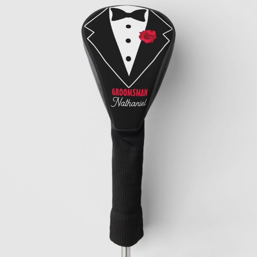 Trouw Tuxedo Black Tie, Rode Roos, Aanpasbaar Golfheadcover (Voorkant)