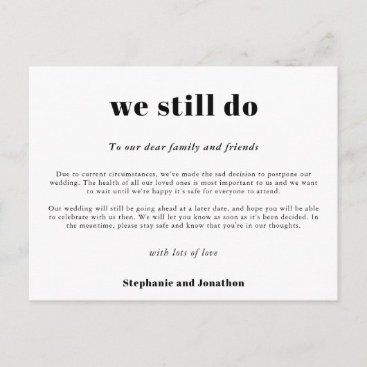 Trouw Uitgesteld We Doen Het Nog Steeds COVID Scri Aankondigingskaart (Voorkant)