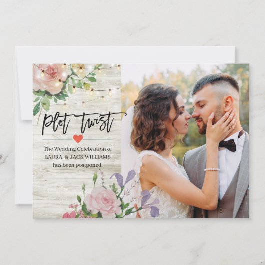 Trouw Uitgesteld Wijzig De Datum Plot Twist Foto Aankondiging (Voorkant)
