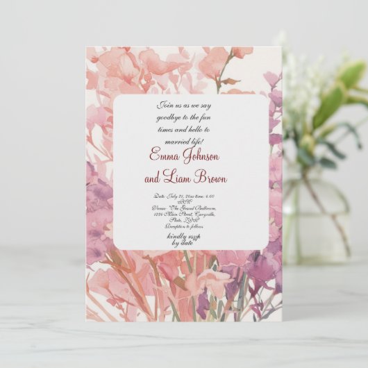 trouw uitnodiging kar roze kleine bloemblad bloem (Staand voorkant)