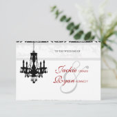 Trouw uitnodiging kroonluchter zwart wit damast (Staand voorkant)