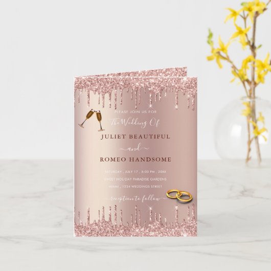 Trouw uitnodiging met roze gouden blush en glitter (Gele Bloem)