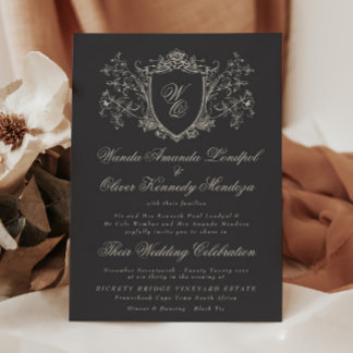 Trouw uitnodiging met vintage bloemen crest en hou