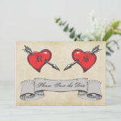 Trouw uitnodiging met vintage tattoo thema 'Save t (Staand voorkant)