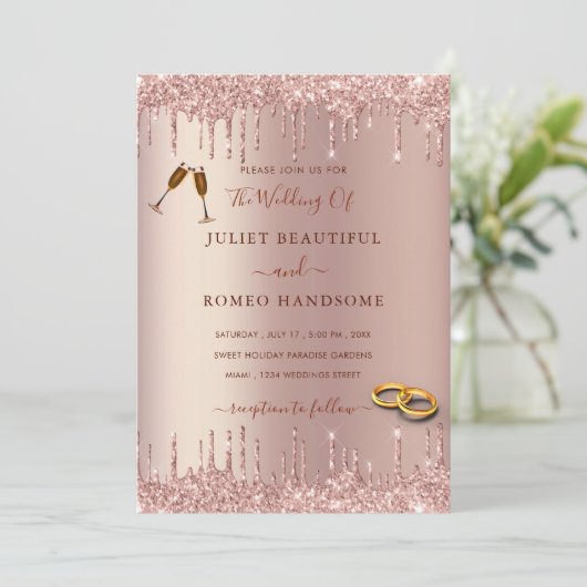 Trouw uitnodiging Roze Gouden Blush Glitter Drips (Staand voorkant)
