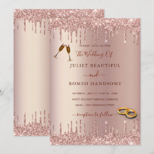 Trouw uitnodiging Roze Gouden Blush Glitter Drips