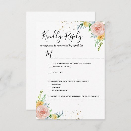 Trouw uitnodiging RSVP kaart bloemmotief goud sche (Voorkant / Achterkant)