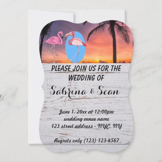 Trouw Uitnodiging Strand Flamingo Palm Romantisch (Voorkant)