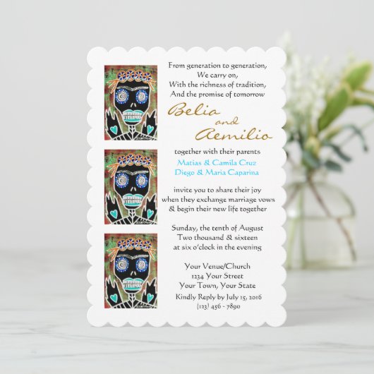 Trouw Uitnodiging Voodoo Koningin Suiker Schedel E (Staand voorkant)