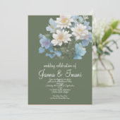 trouw uitnodiging zee blauw  bloemig pastel (Staand voorkant)