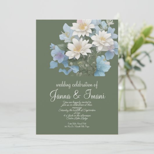 trouw uitnodiging zee blauw  bloemig pastel (Staand voorkant)