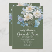 trouw uitnodiging zee blauw  bloemig pastel (Voorkant / Achterkant)