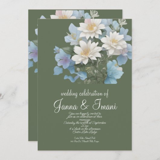 trouw uitnodiging zee blauw  bloemig pastel (Voorkant / Achterkant)