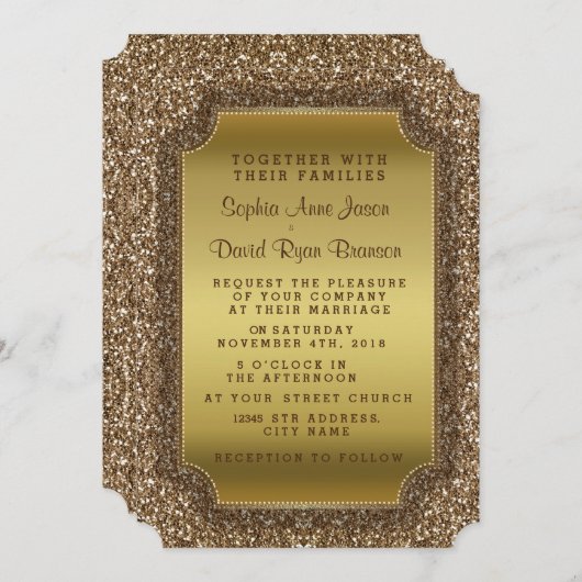 Trouw Uitnodigingen | Gouden Glitter Uitnodiging (Voorkant / Achterkant)