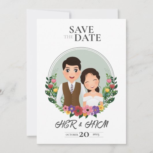 Trouw uitnodigingskaart bruid en bruidegom cartoon save the date (Voorkant)