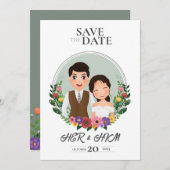 Trouw uitnodigingskaart bruid en bruidegom cartoon save the date (Voorkant / Achterkant)