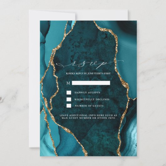 Trouw uitnodigingskaart Teal, Marmer & Goud Agate  Kaart (Voorkant)