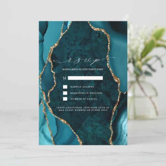 Trouw uitnodigingskaart Teal, Marmer & Goud Agate  Kaart (Staand voorkant)
