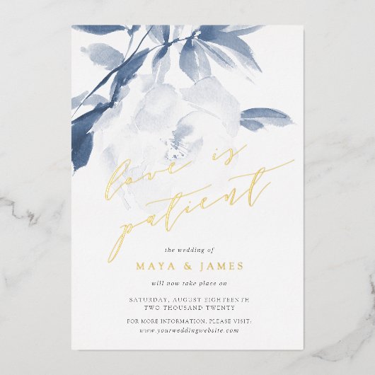 Trouw uitstel kaart met folie 'Liefde is Geduldig' (Voorkant)