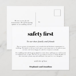 Trouw Uitstel Veiligheid Eerst COVID Script Wit Aankondigingskaart