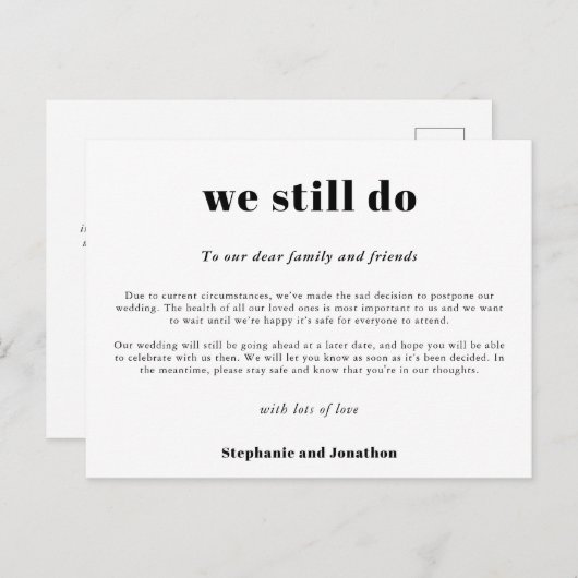 Trouw Uitstel Wij Doen Het Nog Steeds COVID Script Aankondigingskaart (Voorkant / Achterkant)