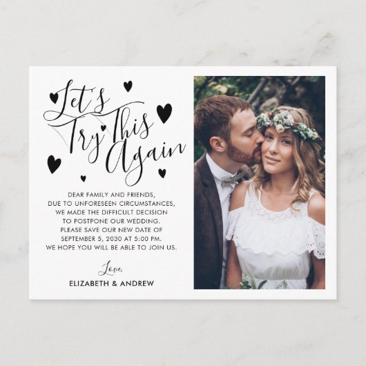 Trouw Uitstel Wijzigingsdatum Probeer Opnieuw Foto Aankondigingskaart (Voorkant)
