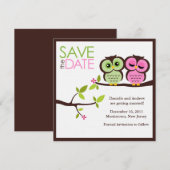 Trouw van groene en roze uilen save the date (Voorkant / Achterkant)