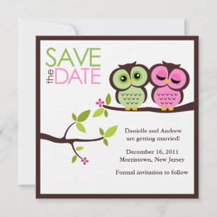 Trouw van groene en roze uilen save the date