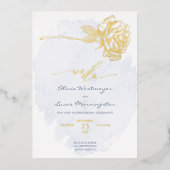 TROUW  | Vergulde Roos op Stofblauw Folie Uitnodiging (Voorkant)