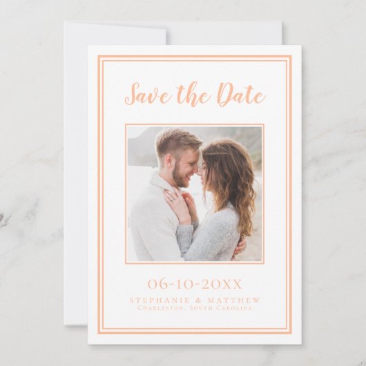 Trouw Verloofd Koppel Vierkant Foto Perzik Wit Save The Date (Voorkant)