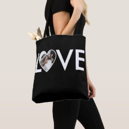 Trouw Verlovings Aangepaste Foto Zwarte Hart Frame Tote Bag
