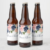 Trouw & Verlovingsfeest met Roze & Marine Bloemen Bier Etiket (Flessen)