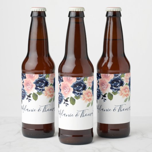 Trouw & Verlovingsfeest met Roze & Marine Bloemen Bier Etiket (Flessen)
