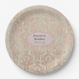 Trouw Vintage Roze Goud Damast Shabby-Chic Papieren Bordje