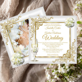 Trouw Vintage Witte Champagne Gouden Parel Foto Kaart