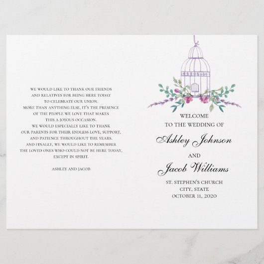 Trouw vogelhoek programma gevouwen. Paarse bloemen (Voorkant)