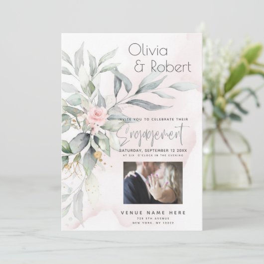 Trouw | Waterverf Eucalyptus Bladeren Roze Roos Kaart (Staand voorkant)